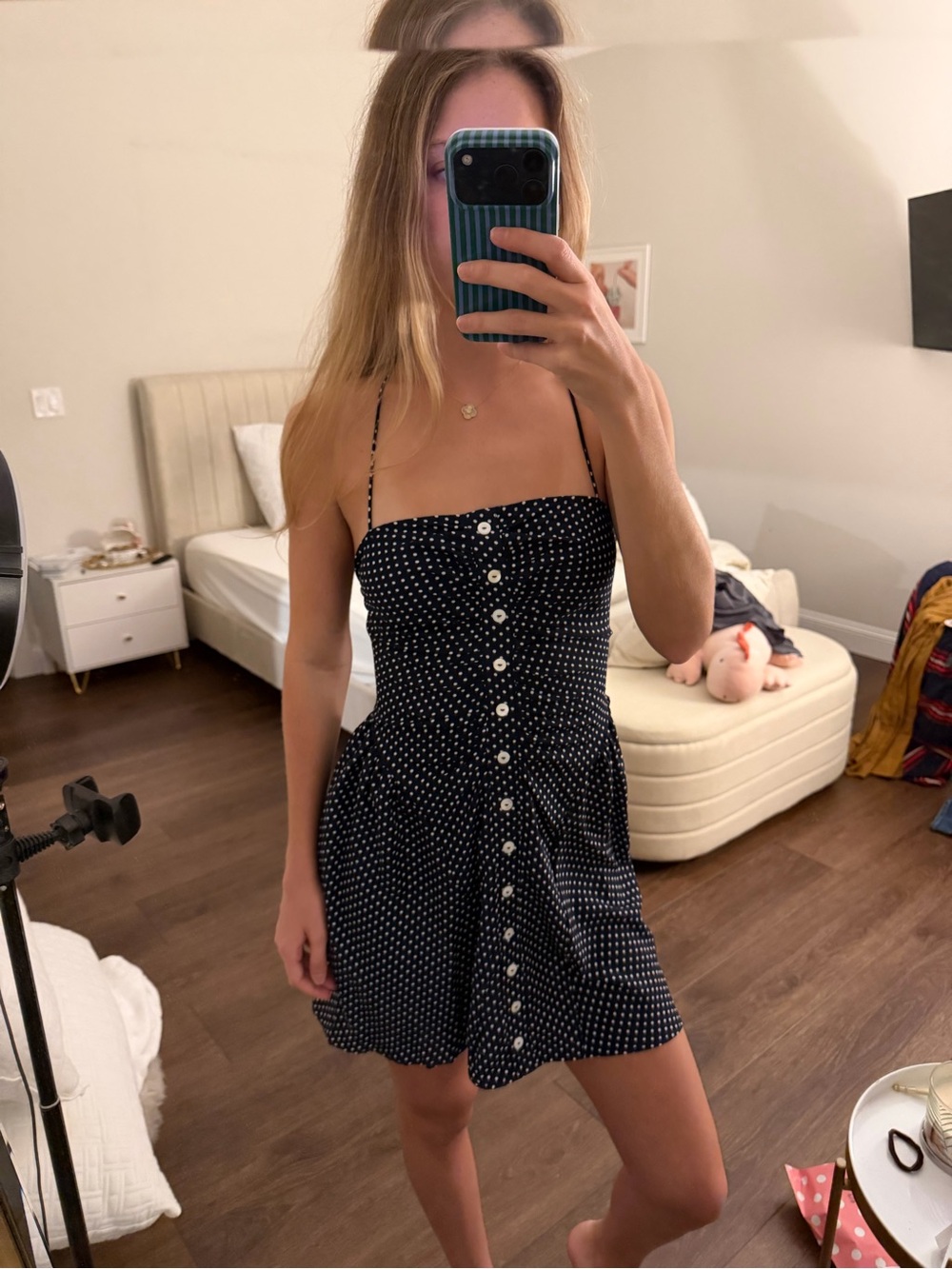 Navy Polka Dot Button-Front Mini Sundress